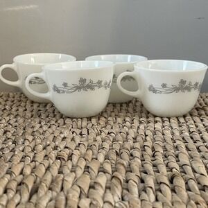 Vintage corning ware corelle white milk Glass mug gray Flowers 4 Piece Lot